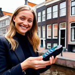 **Prompt:** A small Dutch business owner accepting cryptocurrency payment, smiling. Modern, clean aesthetic. Background: Amsterdam canal house.
