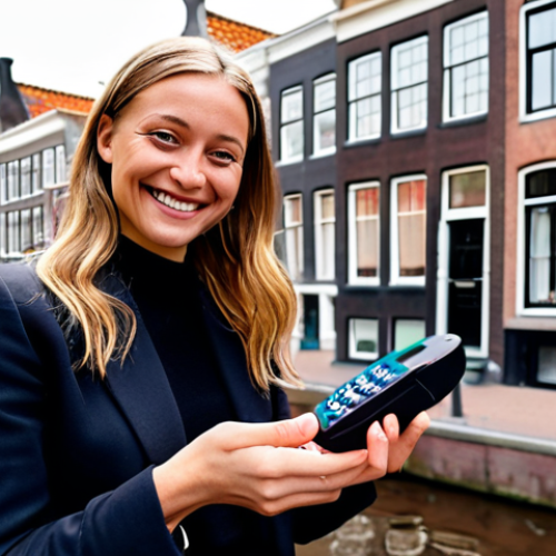 **Prompt:** A small Dutch business owner accepting cryptocurrency payment, smiling. Modern, clean aesthetic. Background: Amsterdam canal house.