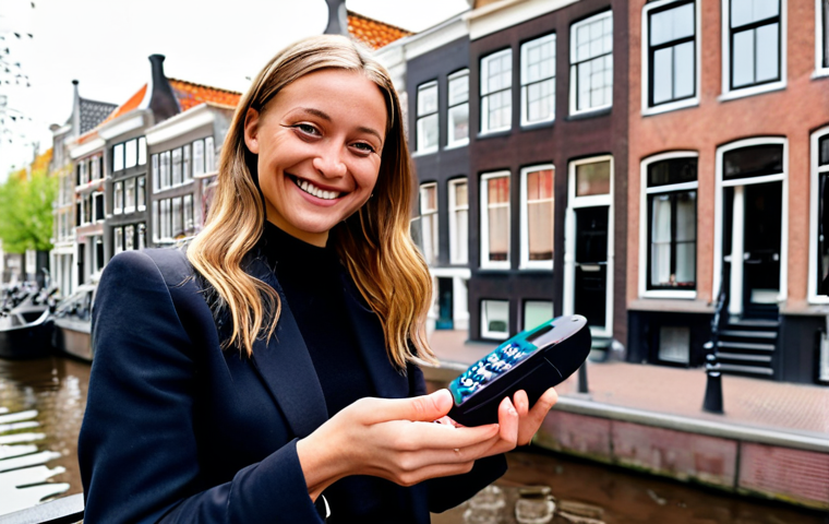 **Prompt:** A small Dutch business owner accepting cryptocurrency payment, smiling. Modern, clean aesthetic. Background: Amsterdam canal house.