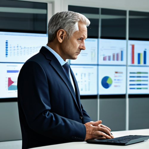 A thoughtful middle-aged professional, fully clothed in modest business attire, stands in a contemporary office setting, gazing reflectively at a large, transparent display. The screen shows a montage of various digital images, some slightly pixelated or with subtle data corruption artifacts, symbolizing digital memory decay. The background features a blurred, minimalist office with soft, diffused lighting, creating a pensive atmosphere. This image captures the essence of digital transience. Professional photography, high-resolution, perfect anatomy, correct proportions, natural pose, well-formed hands, proper finger count, natural body proportions, safe for work, appropriate content, fully clothed, modest.